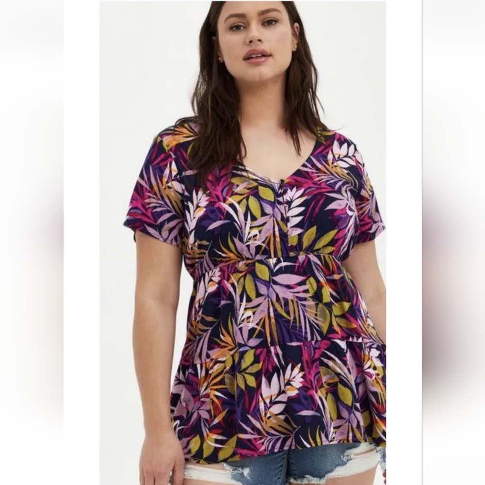 Torrid Slub Knit Tiered Top Purple Tropical Print Short Sleeve Plus Size 3X